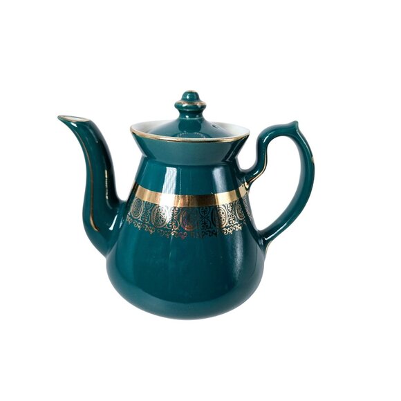 Vintage Hall Philadelphia Teapot Teal Green Ornate Gold Trim Design 6 Cup - Picture 1 of 5